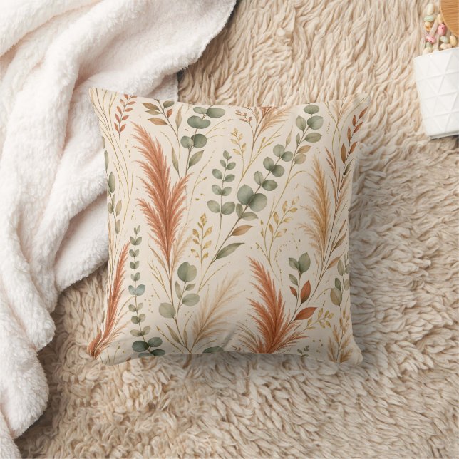 Terracotta Pampas Grass Eucalyptus Neutral Boho Cushion (Blanket)