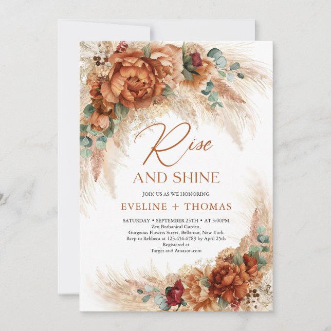 Terracotta pampas grass eucalyptus rise and shine invitation (Front)