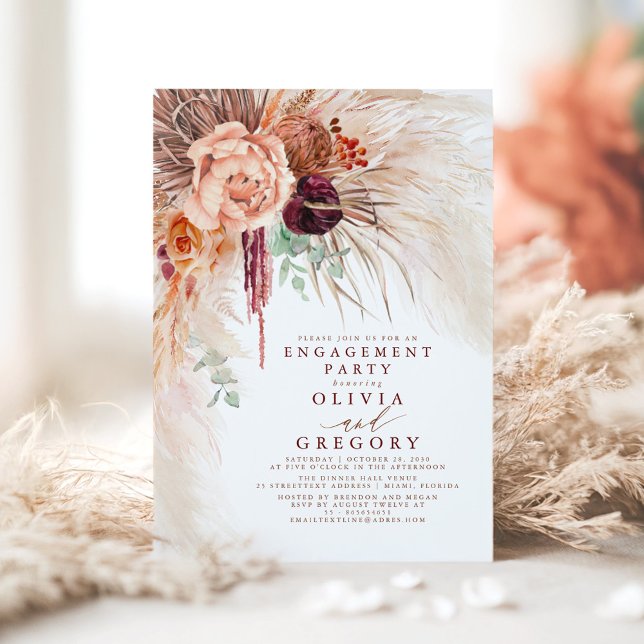 Terracotta Pampas Grass Floral Engagement Party Invitation (Terracotta Floral Engagement Party Invitation)