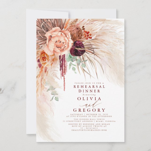 Terracotta Pampas Grass Floral Rehearsal Dinner In Invitation (Front)