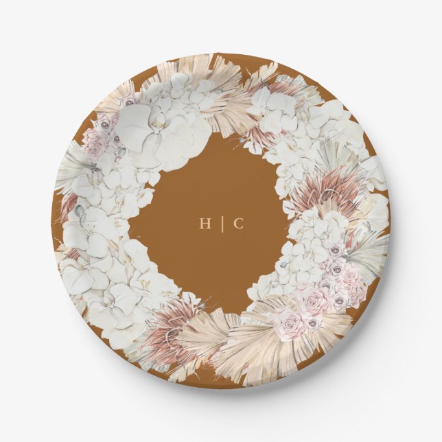 Terracotta Pampas Grass Floral Wedding Party Paper Plate (Front)