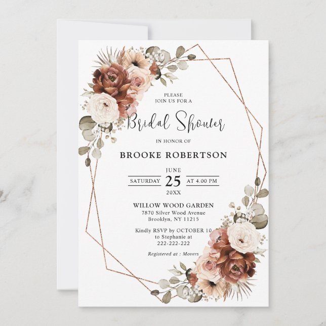 Terracotta Pampas Grass Geometric Bridal Shower    Invitation (Front)