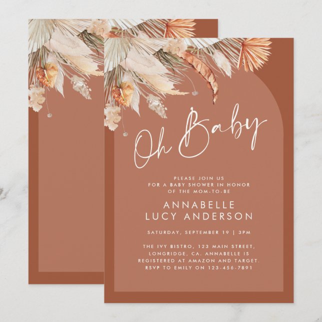 Terracotta pampas grass modern baby shower invitat invitation (Front/Back)