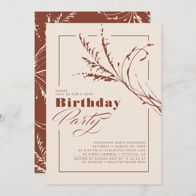 Terracotta Pampas Grass Modern Birthday Party Invitation (Front/Back)