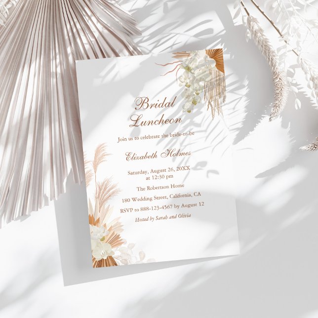 Terracotta Pampas Grass Orchid Bridal Luncheon Invitation (Terracotta Pampas Grass Orchid Bridal Luncheon Invitation on a sunny boho white table.)