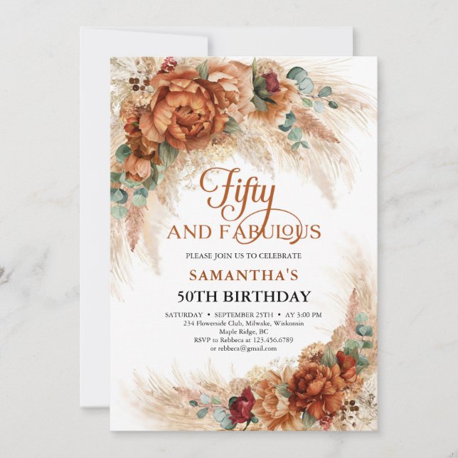 Terracotta pampas grass palm fifty and fabulous invitation (Front)