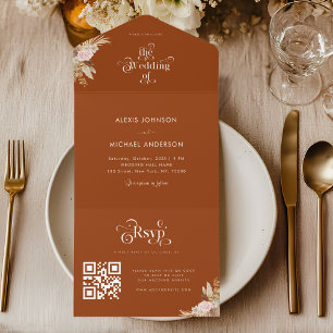 Terracotta Pampas Grass & Retro Boho Typography All In One Invitation