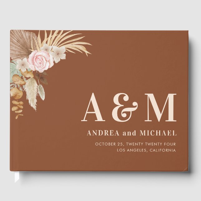 Terracotta Pampas Grass Tropical Monogram Wedding Guest Book (Front)