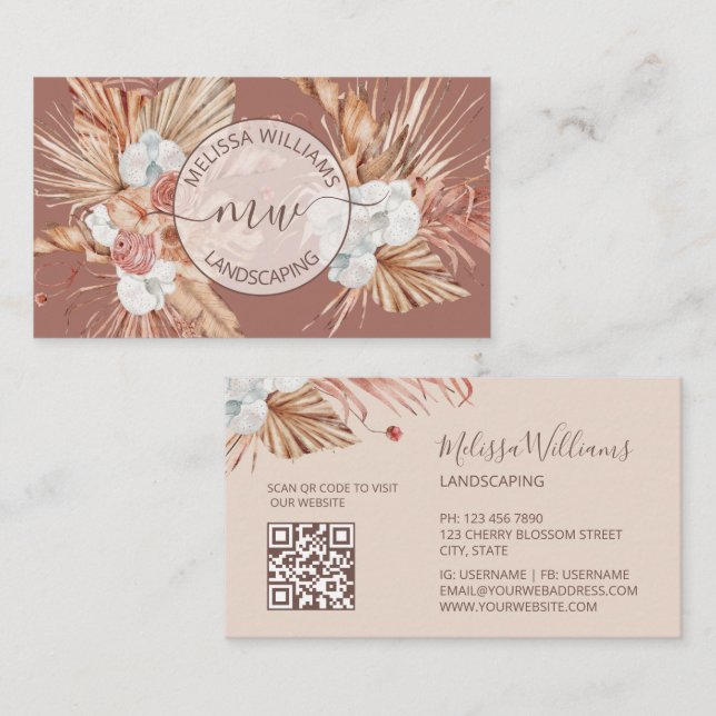 Terracotta Pampas Grass Watercolor Boho Logo Business Card (Front/Back)