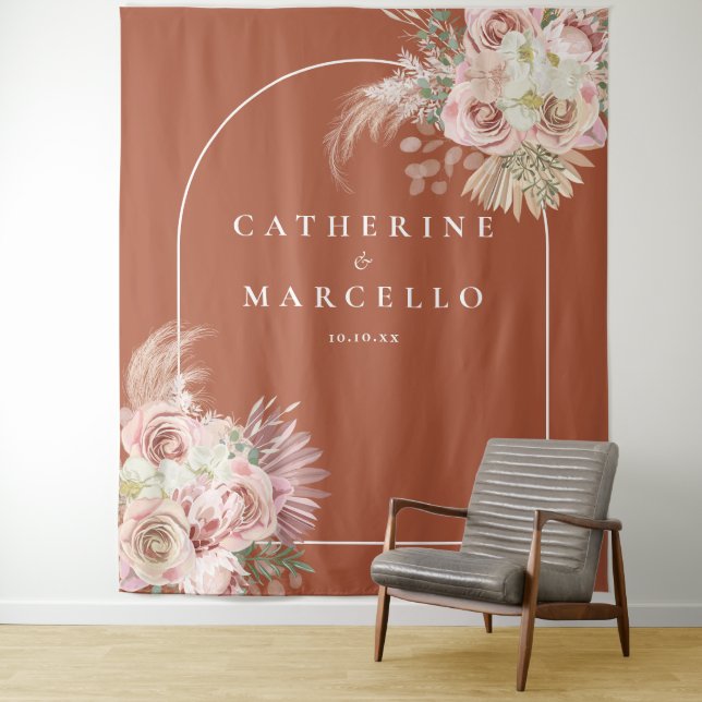 Terracotta Pampas Grass Wedding Photo Backdrop Tapestry (In Situ)