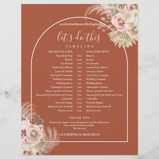 Terracotta Pampas Grass Wedding Schedule Timeline (Front)