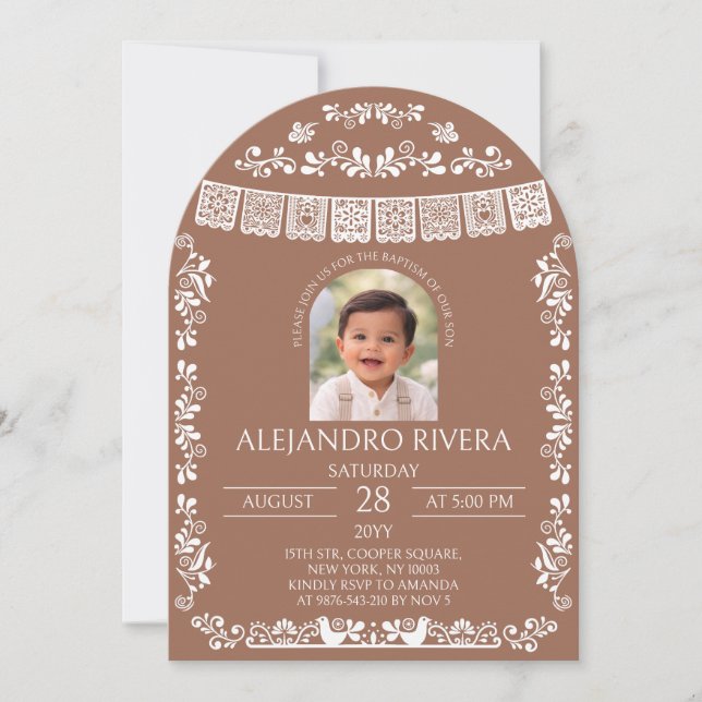 Terracotta Papel Picado Baptism Boy Arch Photo Invitation (Front)