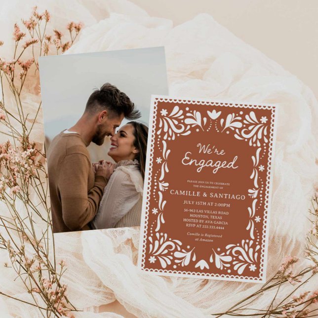 Terracotta Papel Picado Engagement Part Invitation (Photo We're Engaged Party Invitation)