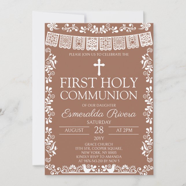 Terracotta Papel Picado First Holy Communion Invitation (Front)