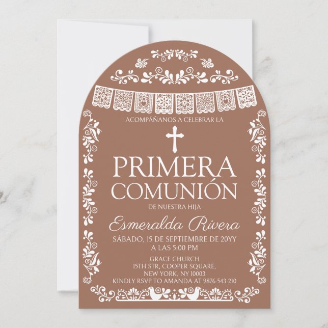 Terracotta Papel Picado Primera Comunión Arch Invitation (Front)