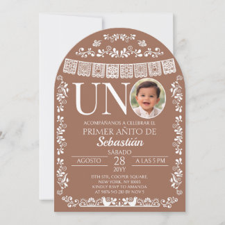 Terracotta Papel Picado UNO Photo First Birthday Invitation