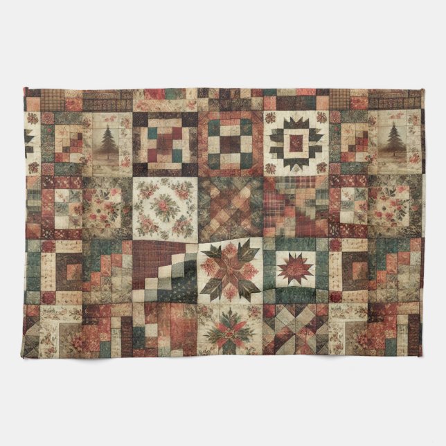 Terracotta Patchwork and Quilt Rustic Floral  Tea Towel (Horizontal)