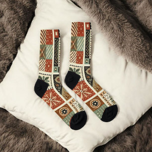 Terracotta Patchwork Quilt Pattern Retro Floral Socks