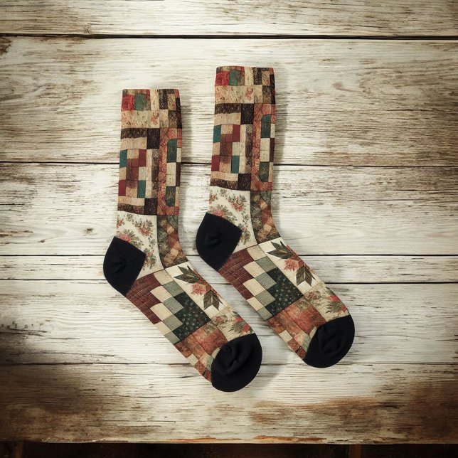 Terracotta Patchwork Quilt Pattern Retro Floral  Socks (Creator Uploaded)