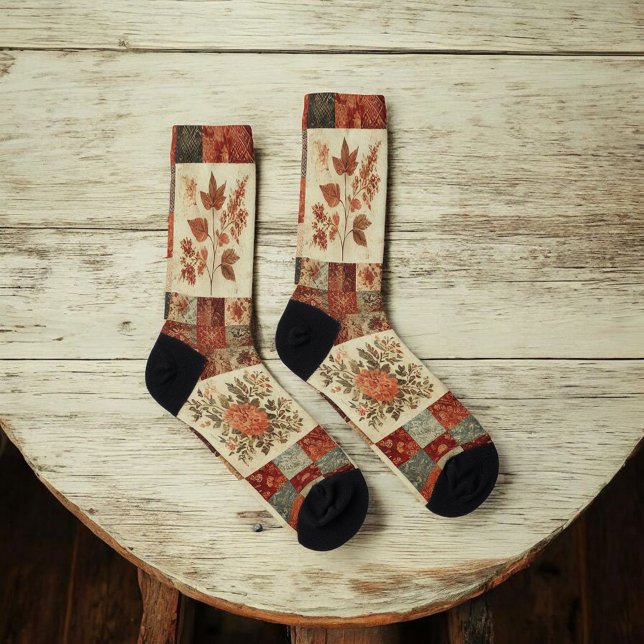 Terracotta Patchwork Quilt Pattern Retro Floral  Socks (Creator Uploaded)
