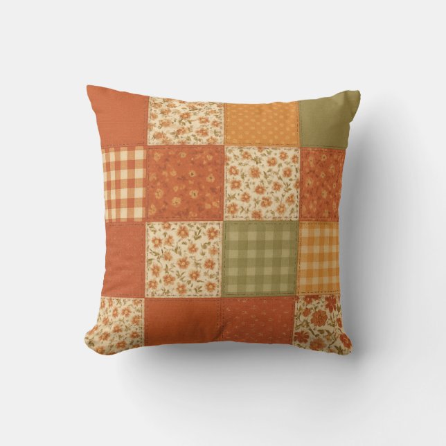 Terracotta Patchwork Quilt Rustic Farmhouse Floral Cushion (Front)