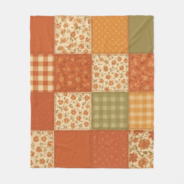 Terracotta Patchwork Quilt Rustic Farmhouse Floral Fleece Blanket (Front)