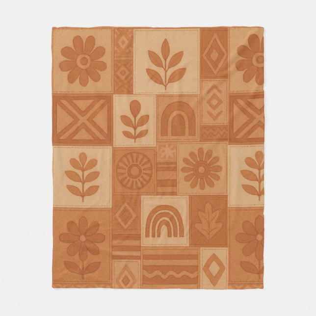 Terracotta Patchwork Quilt Rustic Farmhouse Floral Fleece Blanket (Front)