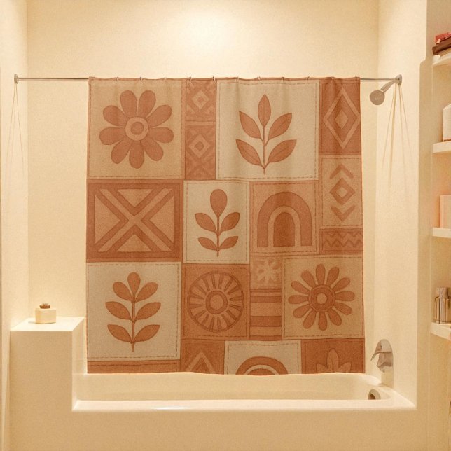 Terracotta Patchwork Quilt Rustic Farmhouse Floral Shower Curtain (Terracotta Patchwork Quilt Rustic Farmhouse Floral Shower Curtain)