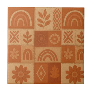 Terracotta Patchwork Quilt Rustic Farmhouse Floral Tile