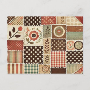 Terracotta Patchwork Quilt Rustic Floral Design Postcard