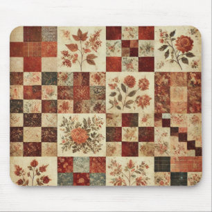 Terracotta Patchwork Quilt Rustic Floral Desk  Mouse Mat