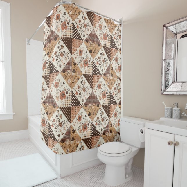 Terracotta Patchwork Quilt Rustic Floral Retro  Shower Curtain (In Situ)