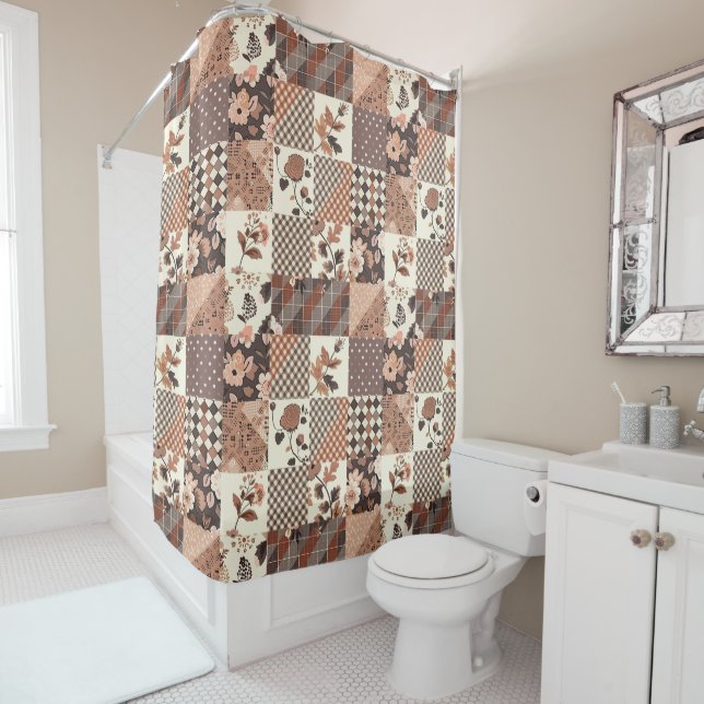 Terracotta Patchwork Quilt Rustic Floral Retro  Shower Curtain (In Situ)