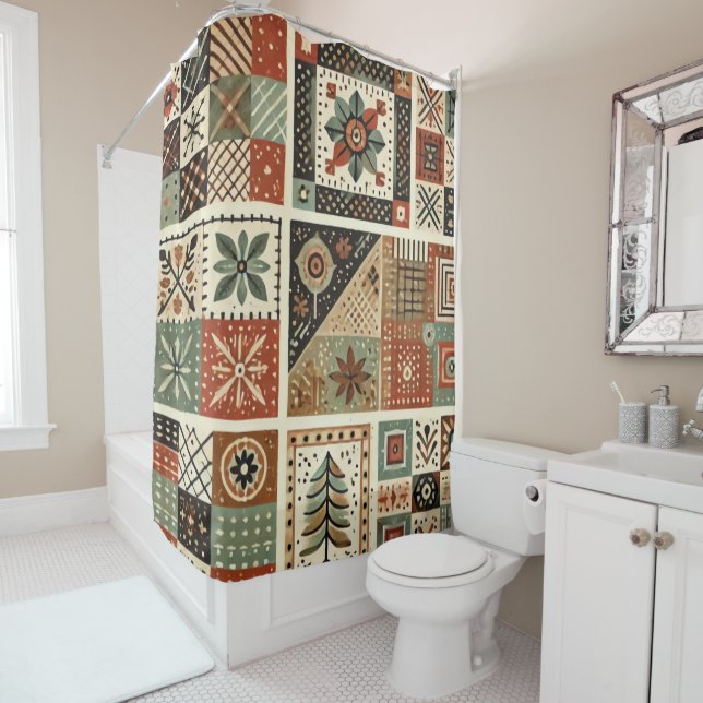 Terracotta Patchwork Quilt Rustic Retro Floral  Shower Curtain (In Situ)