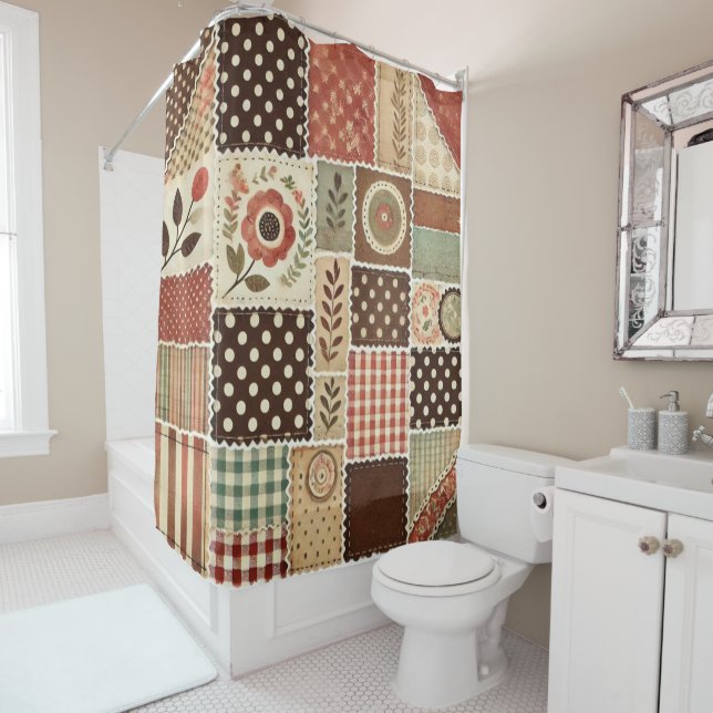 Terracotta Patchwork Quilt Rustic Retro Floral  Shower Curtain (In Situ)