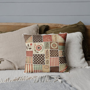 Terracotta Patchwork Quilt Rustic Retro Vintage Cushion