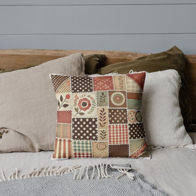 Terracotta Patchwork Quilt Rustic Retro Vintage Cushion (Creator Uploaded)