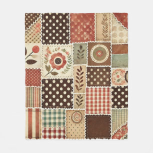 Terracotta Patchwork Quilt Rustic Retro Vintage  Fleece Blanket