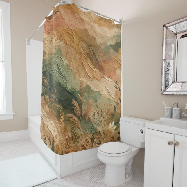 Terracotta Peach Pressed Flowers Bohemian  Shower Curtain (In Situ)