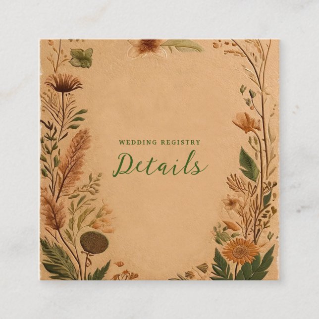 Terracotta Peach Pressed Flowers Boho Details Square Business Card (Front)