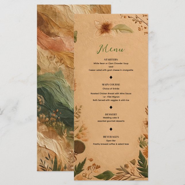Terracotta Peach Pressed Flowers Boho Wedding Menu (Front/Back)