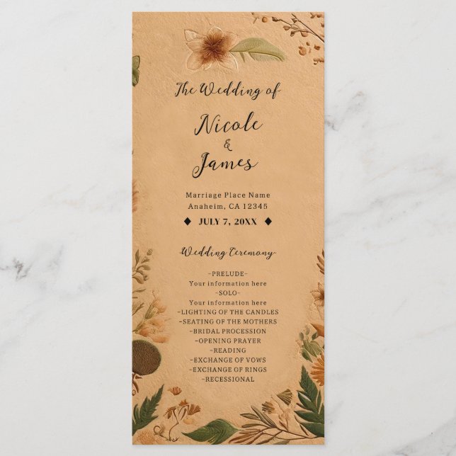 Terracotta Peach Pressed Flowers Boho Wedding Programme (Front)