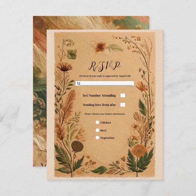 Terracotta Peach Pressed Flowers Boho Wedding RSVP Invitation (Front/Back)