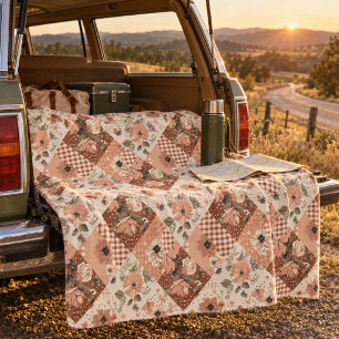 Terracotta Peach Quilt Patchwork Gingham Floral Fleece Blanket