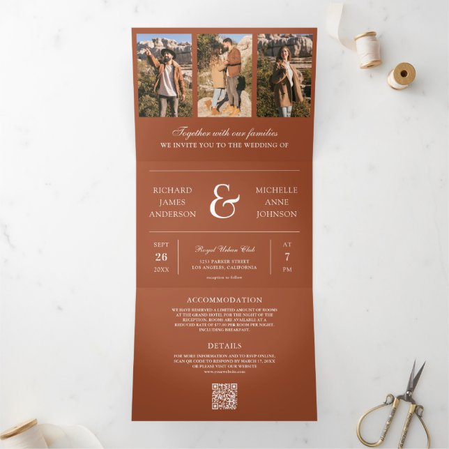 Terracotta Photo Collage QR Code Wedding Tri-Fold Invitation (Inside)