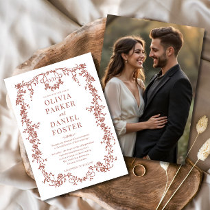 Terracotta Photo Floral Victorian French Wedding Invitation