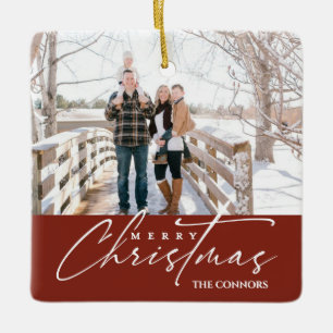Terracotta Photo Merry Christmas Script Family  Ceramic Ornament