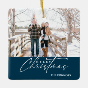 Terracotta Photo Merry Christmas Script Family Ceramic Ornament