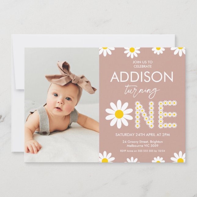 Terracotta Photo Retro Daisy 1st Birthday Invitation (Front)