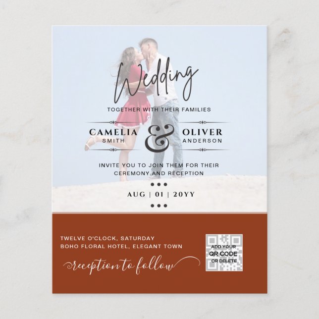 Terracotta Photo Wedding Invite QR Code Save Date Flyer (Front)